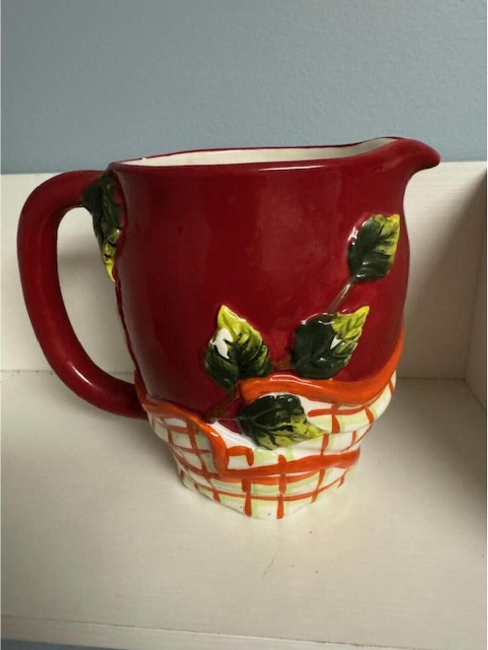 Vintage Ceramic Pitcher with Leaf and Basketweave Design